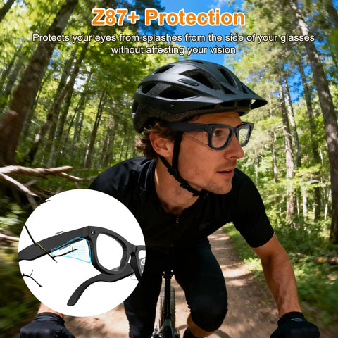 Cyclist wearing side shield safety glasses guards for Ray Ban Meta Wayfarer Skyler Headliner and Oakley Meta HSTN smart glasses