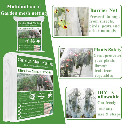 Garden Mesh Netting Kit 10 X 30Ft Ultra Fine Net With 6 Fiberglass Hoops For Raised Beds And Greenhouses Keeps Critters Out And Protects Vegetables, Fruits, And Flowers From Birds, Insects, Pests, And Animals