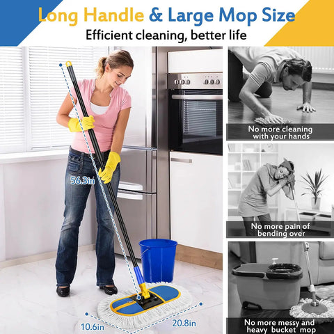 Woman cleaning kitchen floor with Commercial Dust Mop For Floor Cleaning With 360 Degree Swivel Head Beast Heavy Duty Wet Dry Broom
