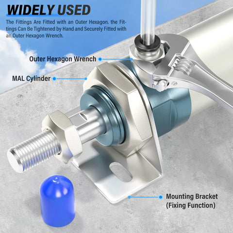 Pneumatic Push To Connect Fittings, Straight Male Quick Connectors, mounted on MAL cylinder with outer hexagon wrench in use