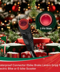Close-up of 6mm waterproof 2-pin connector for Two-Pin Electric Bicycle Brake Levers, Christmas background with gifts and pine trees