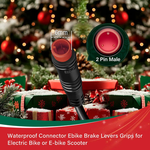 Close-up of 6mm waterproof 2-pin connector for Two-Pin Electric Bicycle Brake Levers, Christmas background with gifts and pine trees