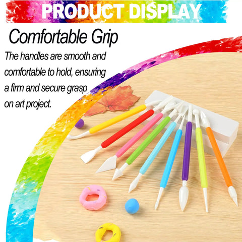 Colorful 9-piece Air Dry Clay Tool Set For Kids And Beginners with plastic sculpting tools on wooden surface