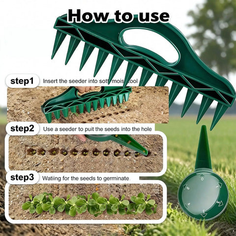 Instruction steps for using Seed Planter Tool Set with Seed Spreader and Mini Planter for efficient seed dispensing in gardens.