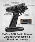 Remote control for the 1 To 16 Scale Brushless RC Car With 42 MPH Top Speed, 4WD Ready To Run Truck, highlighting features.