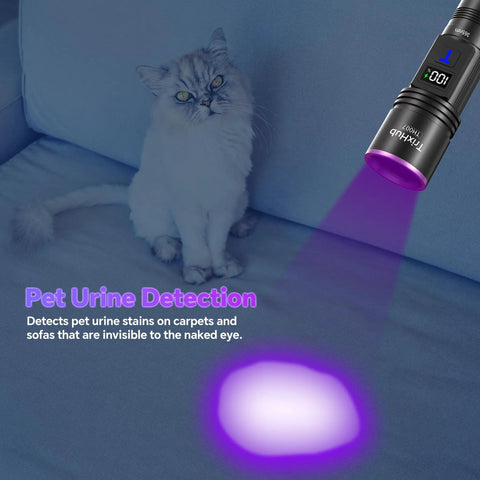 365Nm UV Black Light Flashlight With LCD Display highlights urine stain on sofa for pet urine detection