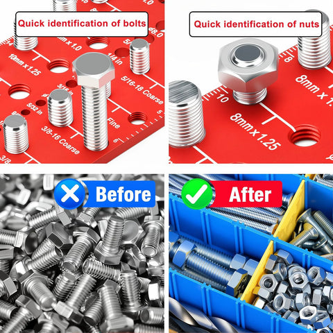 Manalete Thread Checker collage: metal bolt/nut gauge on red ruler; four views show before/after bolt organization.