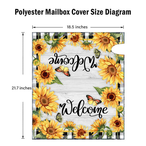 Diagram of Sunflower Butterfly Welcome Mailbox Cover Magnetic 21 By 18 Inches Standard Size, showcasing sunflowers and butterflies.