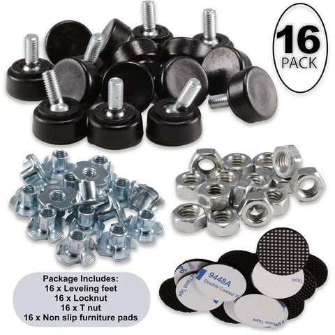 Sixteen Piece Set M6 Thread Adjustable Furniture Levelers With Swivel Screw In Threads, Leveling Feet With Non Slip Pads