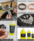 Product image of Self Picking Flux For Gold Silver And Platinum Jewelry Making Water Based Hard Soldering Flux 8 Oz Half Pint Bottle with examples of application and product range.