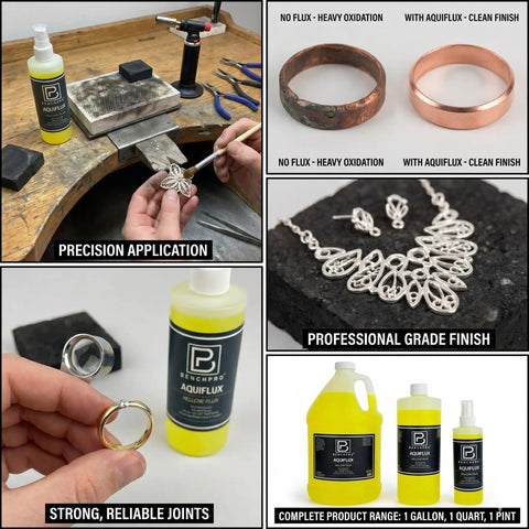 Product image of Self Picking Flux For Gold Silver And Platinum Jewelry Making Water Based Hard Soldering Flux 8 Oz Half Pint Bottle with examples of application and product range.