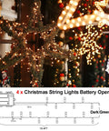 4 Pack Battery Operated Outdoor Christmas String Lights With 50 Warm White LEDs On 16.5 Feet Of Dark Green Cable Auto Timer