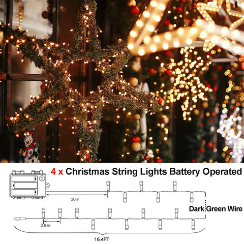 4 Pack Battery Operated Outdoor Christmas String Lights With 50 Warm White LEDs On 16.5 Feet Of Dark Green Cable Auto Timer