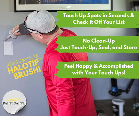 Person using Airtight Touch Up Paint Container With Built In Brush And HaloTip Premium Brush For Mess Free Storage on wall