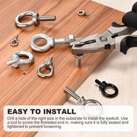 Installation of Heavy Duty Half Inch By Six Inch Carbon Steel Eye Bolt With Lifting Ring on wooden surface using pliers.