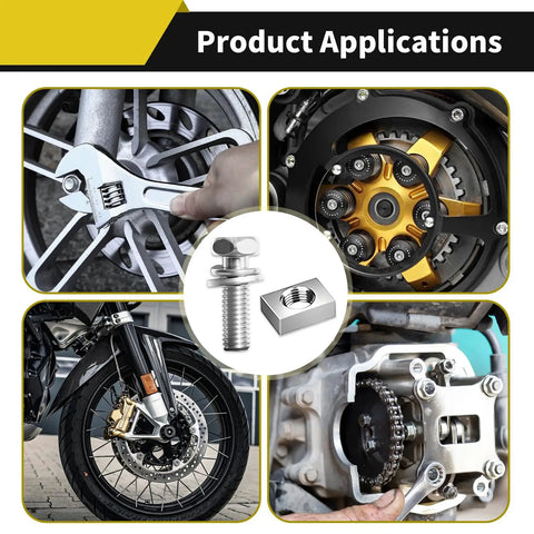 Product applications of Eight Size Stainless Steel Battery Bolts And Nuts Kit for motorcycles and scooters with M5 and M6 screws.
