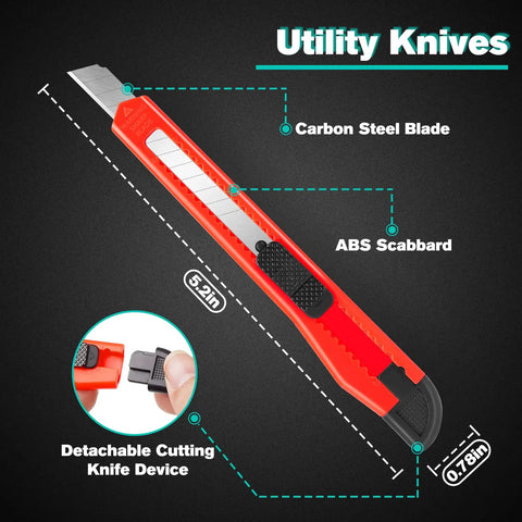 Diagram of single utility knife from 24 Pack 9mm Wide Box Cutters Retractable Utility Knife Set For Heavy Duty Office Home Use Arts Crafts And DIY Projects Grab And Go Grips Workhorse Design Extended Use With Disposable Blades