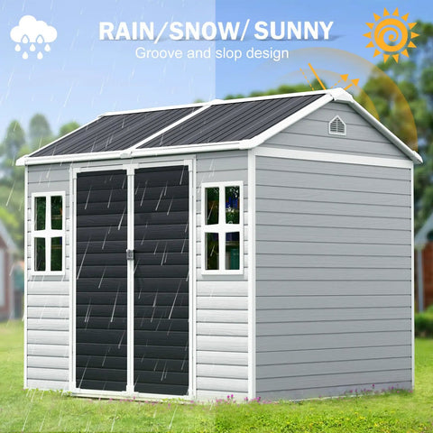 8x6 Ft Resin Storage Shed With Floor, Waterproof Outdoor Tool Shed, Lockable Door And Two Windows in rainy weather