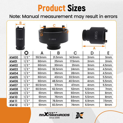 Size chart for 13 Piece Spindle Nut Socket Set For KM Groove Nuts Lock Nut Removal And Installation On Ball Joints And Axles For GM Dodge Ford GMC With One Half Inch Drive And Exterior Four Teeth