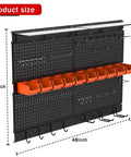 Pegboard Wall Organizer For Garage Storage 48 By 36 Inch With Hooks And Bins Tool Panel System 72 Piece Set with orange bins