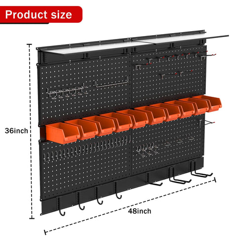 Pegboard Wall Organizer For Garage Storage 48 By 36 Inch With Hooks And Bins Tool Panel System 72 Piece Set with orange bins