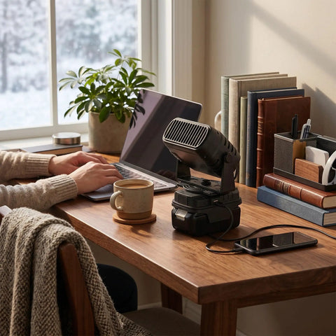 Portable Battery Powered Space Heater With Dual Usb Charging And Two Adjustable Temp Levels For Kickin Quiet Warmth Featuring A 360 Degree Rotating Head Perfect For Office Desks Or Dorm Setup Vibes on a wooden desk with coffee and laptop.