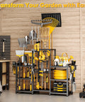 Ultra Large 86 Tool Capacity Freestanding Garden Tool Organizer in garage, holds rakes, shovels, brooms, tools neatly organized