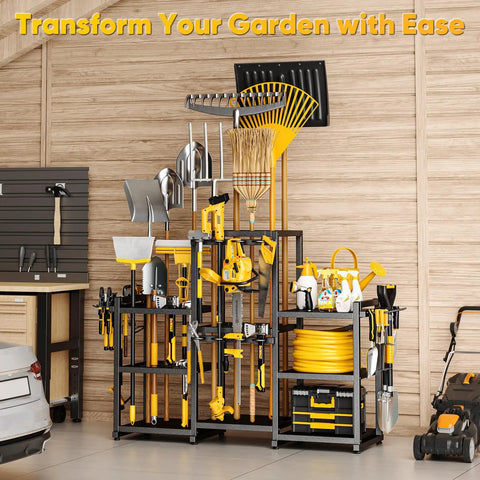 Ultra Large 86 Tool Capacity Freestanding Garden Tool Organizer in garage, holds rakes, shovels, brooms, tools neatly organized