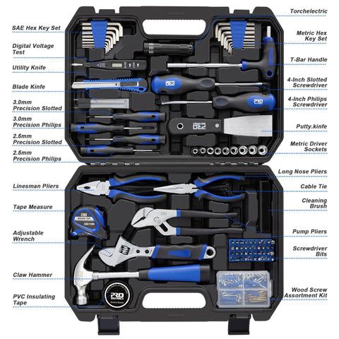 229-piece hand tool set in portable toolbox for home maintenance, DIY projects, and repairs, open view with tools displayed.