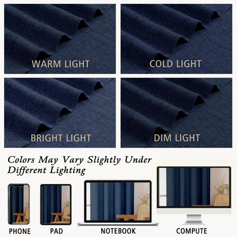 Navy Blue Curtain Set With Light Filtering Faux Linen Texture Two Panels 52W By 90L under different lighting conditions