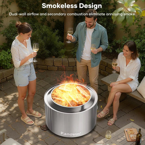 Smokeless 22 Inch Stainless Steel Wood Burning Outdoor Fire Pit For Patio And Backyard Perfect For Camping And Outdoor Gatherings Dual Wall Airflow With Secondary Combustion And Removable Ash Pan with people gathered around