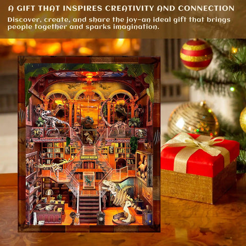 Indoor display of Dinosaur Museum 3D Wooden Puzzle With LED Lights For Bookshelf Decor DIY Craft for adults and paleontology enthusiasts.