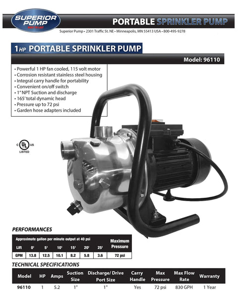 Portable Sprinkler Pump 1 HP Stainless Steel Workhorse with carrying handle, garden hose adapters, 165 ft head, 830 GPH flow
