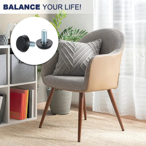 Fifty Piece Adjustable Furniture Feet Set With Five Sixteenth Inch Thread Galvanized Iron Screw On Levelers For Tables Chairs And Furniture Legs Black Finish next to a modern chair.