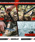Double Headed Folding Pickaxe And Mattock For Camping And Yard Work, tool with pickaxe, hoe, knife, and window breaker in use outdoors