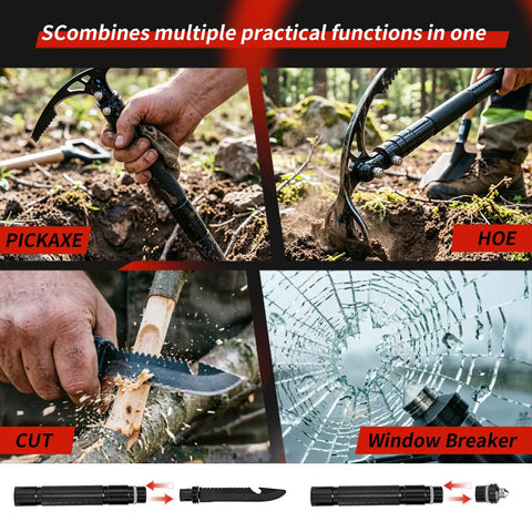 Double Headed Folding Pickaxe And Mattock For Camping And Yard Work, tool with pickaxe, hoe, knife, and window breaker in use outdoors