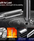 Two metal tap and die tools for cutting internal and external threads; silver steel construction from an 80-piece set.