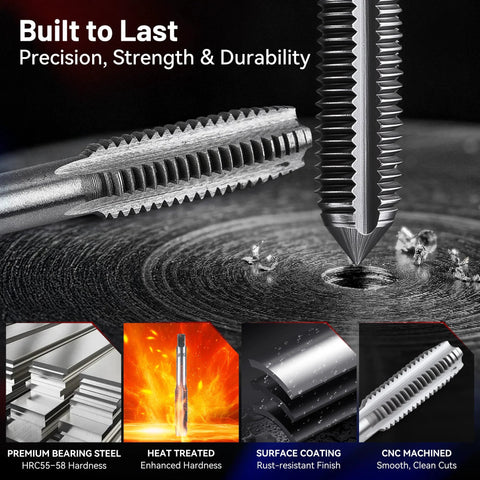 Two metal tap and die tools for cutting internal and external threads; silver steel construction from an 80-piece set.