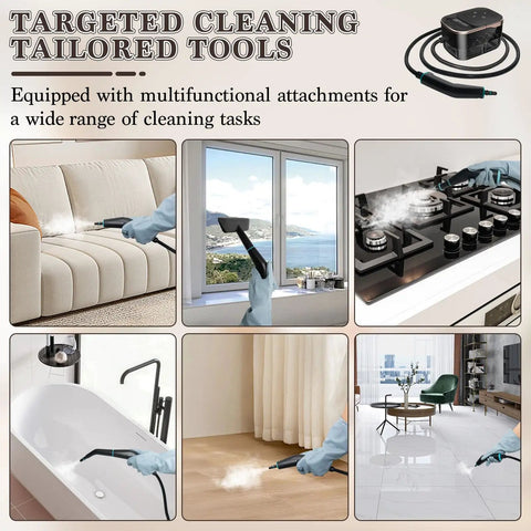 High Pressure Steam Cleaner For Home Deep Clean Blasts Scalding Hot Vapor To Erase Tough Grease From Tile And Sofa Chemical Free Method Leaves Zero Residue Behind A Trusted Workhorse For Kitchen Garage And Auto Detailing, shown using attachments on various surfaces.