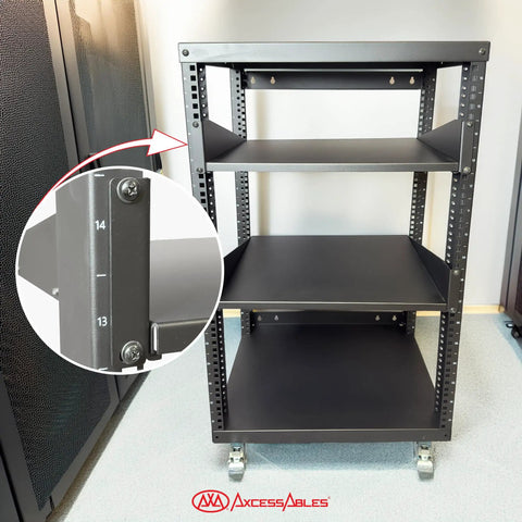 Bulletproof M5 Cage Nuts And Screws Pack With Washers For Quick Square Hole Rack Mount Hardware Upgrade On Server Cabinets Router Stands And Av Studio Racks, showing rack with numbered vertical slots.