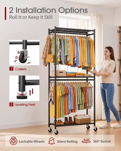 Top Shelf Metal Clothes Rack With Smooth Rolling Wheels And Hella Roomy Mesh Shelving No Sweat Build Rock Solid Garment Stand With Side Hooks For Bedroom Laundry Or Balcony Black