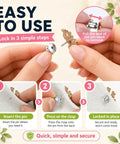 Locking Pin Backings Set for Enamel Pins and Badges, showing 3 steps to use heavy duty metal clasps for secure attachments.