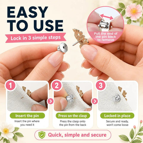 Locking Pin Backings Set for Enamel Pins and Badges, showing 3 steps to use heavy duty metal clasps for secure attachments.