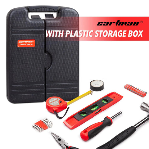 136-Piece General Household Tool Set With Plastic Toolbox Case shown with tools like pliers, hammer, level, tape measure