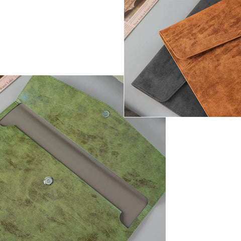 PU Leather A4 File Folder Waterproof Document Holder With Snap Closure Army Green shown open with interior details