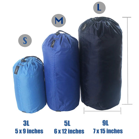 Lightweight Gear Stash Stuff Sack Set Three Pack for Travel and Hiking in 3L, 5L, and 9L sizes, blue and black ditty bags.