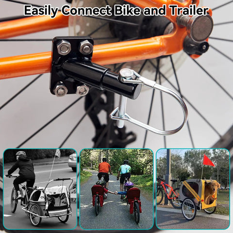 Universal Bike Trailer Hitch Coupler Attachment For Kids And Pets Gear connected to bicycle frame and trailers