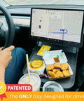 Tesla Model 3 Y Alset Tray Center Console Organizer for Autopilot and Road Trips 2020 to 2026 eat on the go tray with food displayed