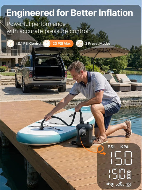 Cordless Paddle Board Pump With Long Battery Life Inflates 4.5 SUPs Up To 20 PSI Auto Off Dual Stage Fast Inflation And Deflation