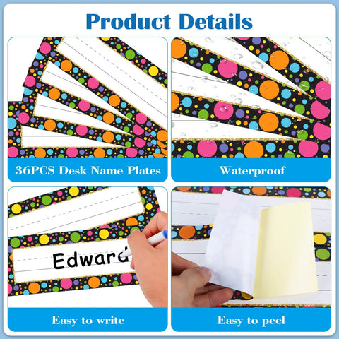 Watercolor Dots Desk Name Plates Set With 36 Confetti Style Name Tags for Desks, kid-friendly classroom decor kit shown.
